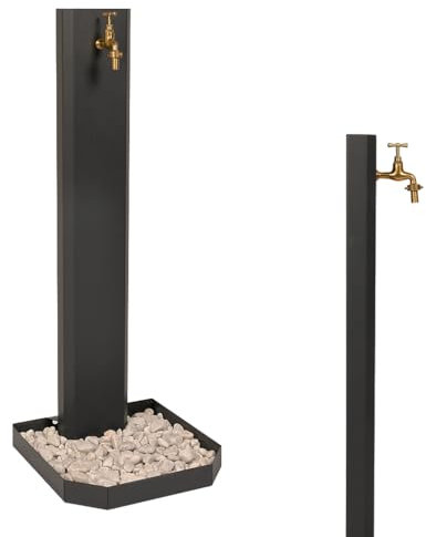 Fontana da giardino, per esterno. Fontanella a colonna moderna, colore antracite, in acciaio. Rubinetto in ottone, flessibile, raccordo e ciottoli Compresi. Altezza 1mt (CON CIOTTOLI, ANTRACITE)