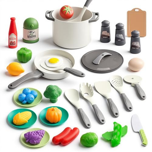 35Pcs Kids Kitchen Toy Accessories, Toddler Pretend Cooking Playset with Play Pots, Pans, Utensils, Cookware, Play Food Set, Toy Vegetables, Learning Gift for Girls & Boys (White)