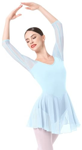 FYMNSI Damen Ballettkleid Ballettanzug Ballettbody 3/4 Arm Chiffon Tanzkleid Eiskunstlauf Kleid Erwachsene Ballettkleidung Rückenfrei Tanz Body Gymnastikanzug Trikot Turnanzug mit Rock Blau L