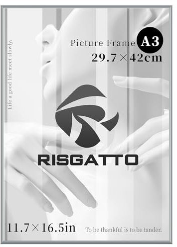 Risgatto Bilderrahmen DIN A3 30 x 42 cm Aluminium Fotorahmen mit Hochauflösend Acrylglas | Moderner Portraitrahmen Metall 29,7 x 42 cm | Bilderrahmen zum Aufhängen aus MDF und Acrylglas | Silber