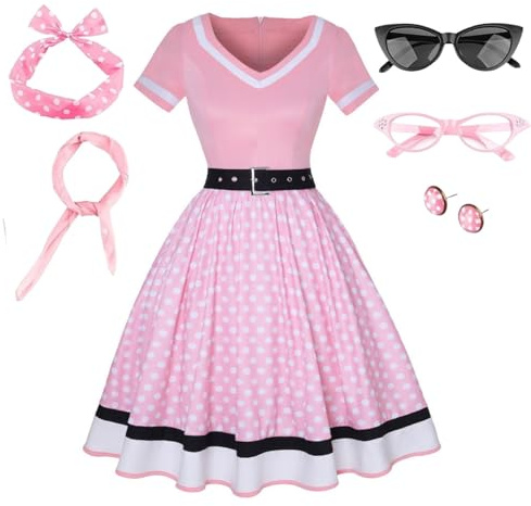 maxToonrain Women 50 Fancy Dress Adults UK Polka Dots Dress with Accessories Scarf Headbands Earring Glasses for Vintage Cocktail Party Wedding Halloween