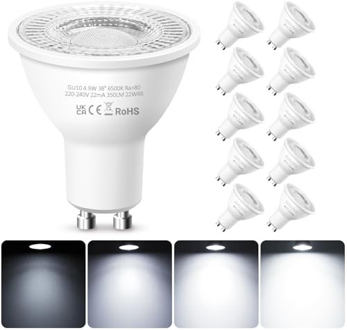 Ledivion GU10 LED Bulbs Cool White Dimmable, 4.9W LED Spotlight Bulb, 6500K 50W Halogen Equivalent, 220-240V 350 Lumen 38° Beam Angle, Pack of 10