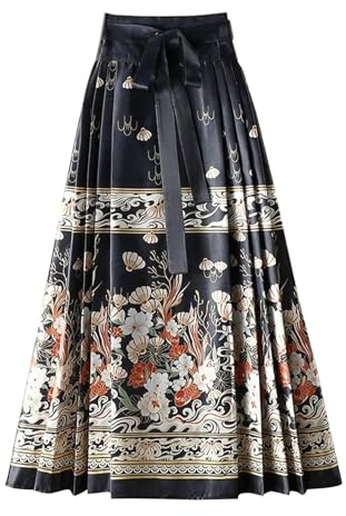 Ulalaza Donne Cavallo Faccia Gonna Cucitura Cravatta Stampa Elegante Vintage Lunga Oscillazione Maxi gonne Piegato Tradizionale Cinese Hanfu Mamianqun.