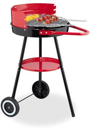 Relaxdays Barbacoa de Carbón, con Ruedas, 42 cm Ø, Parrilla Pícnic, Jardín y Parque, Cortavientos, Redonda, Negro/Rojo, Plástico, Acero