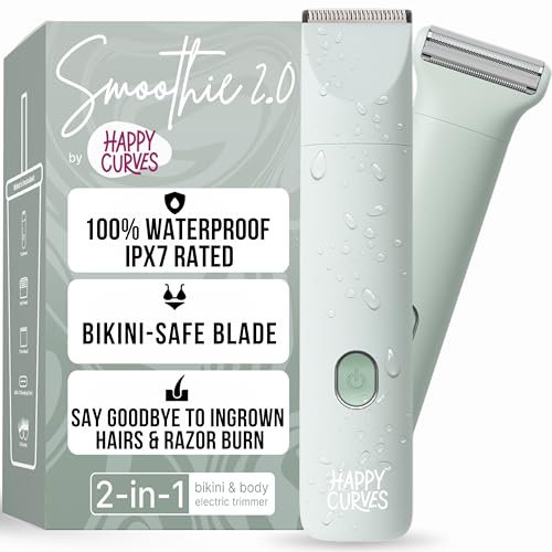 HAPPY CURVES Smoothie 2.0 Bikini Trimmer - Electric Razor for Women, Waterproof Hair Groomer with Adjustable Guards, Personal Shaver for Pubic Hair, Ladies Intimate Shaver and Body Trimmer (Mint)