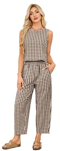SotRong Women's Summer Gingham Matching Outfit Two Piece Linen Set Sleeveless Crop Top and Barrel Leg Pants Leisure Suits Plaid Pyjamas Casual Lightweight Checkered Co-ord Set Brown XL