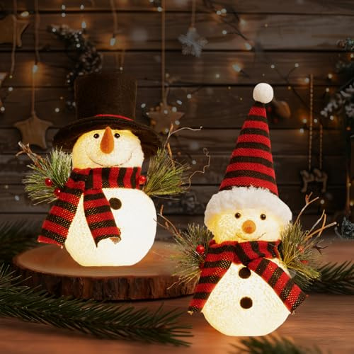 Décoration de Noël Bonhomme de Neige, 2 Pièces Bonhomme de Neige Décoration Figurines de Noël Décoration Intérieure Figurines avec LED, Noël Décoration Bonhomme de Neige pour Décoration de Noël