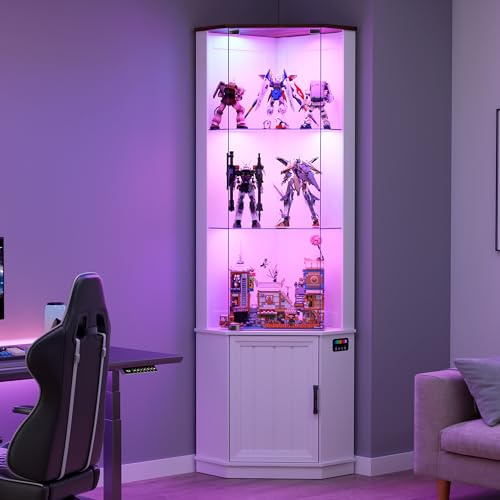 Gurexl 175 CM Vitrina de Esquina con 24 Colores de Luces y Sensor de Movimiento para Estar,Vitrina de Cristal con 3 Estantes Ajustables y 1 Armario,Expositora para Coleccionista Estar Curio,Blanco