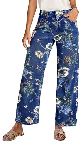 Breda jeans dam, raka byxor med blommönster jeans hög midja bekväma raka ben pojkvän fritidsbyxor eleganta raka ben säckig breda Y2K byxor vida ben damjeans