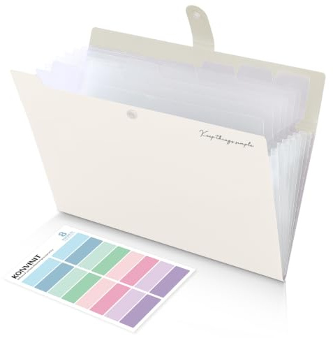 KONVINIT Document Folder A4 Document Bag Coloured Expanding Folder A4 with 8 Compartments Folder with Compartments Organiser Folder Made of Plastic, Robust Folder with Motif, Cream White