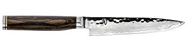 Shun Cuchillo de bistec Premier de 5 Pulgadas; Afilado a Mano, Acero Inoxidable Patentado de Doble Bisel, Hoja revestida de Damasco