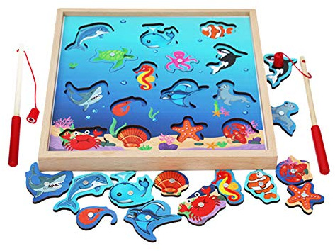 Toys of Wood Oxford TOWO Juego de Pesca de Madera con Peces Magnéticos - Juguete Educativo Montessori para Niños de 3 Años - Juego de Mesa Divertido Familiar