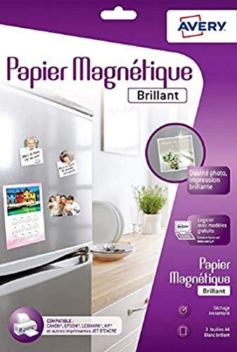 AVERY - 3 Feuilles Papier Magnétique Blanc Personnalisables - Format A4 - Comptaible Machine de Découpe - Impression Jet d’Encre