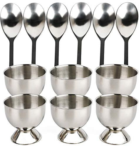 Juego de hueveras de acero inoxidable para huevos duros y hervidos con 6 soportes para hueveras, 6 cucharas de huevo