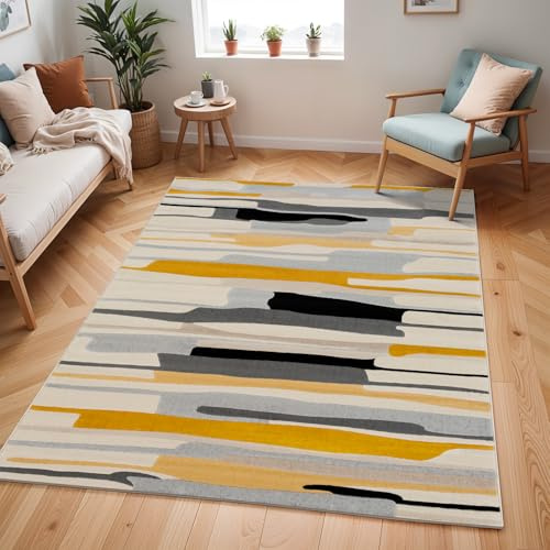 Livabliss Atlanta Teppich 200x275 cm – Skandinavischer Boho Kurzflor mit geometrischem Muster für Wohnzimmer & Esszimmer – Senfgelb, Grau & Beige