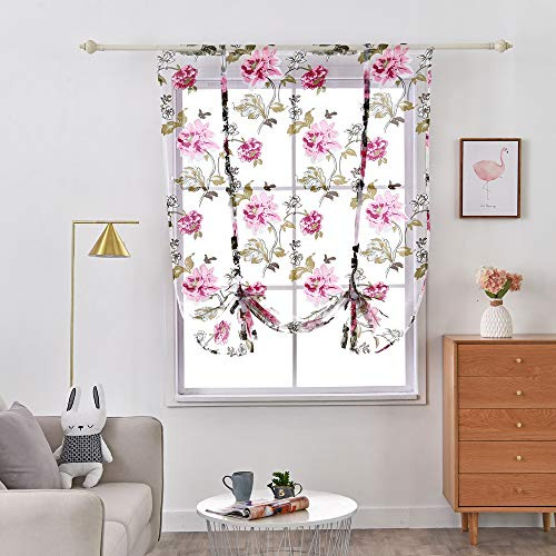 SIMPVALE 1 Stück Tüll Raffrollo mit Stange Tasche Blumen Druck Durchscheinend Raffgardine für Küche Balkon Arbeitszimmer Zimmer, 615# Pink, Width 60cm / Height 120cm
