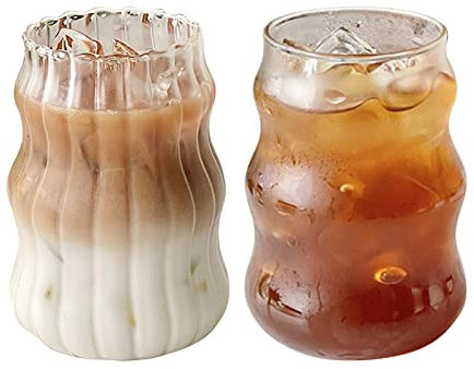 2 Pcs Vintage Drinking Glasses Ribbed Glassware, 530ml Ripple Glass Cups Gourd Shape Iced Coffee Cups, Wave Shape Beverage Glasses for Whiskey Cocktail Juice Beer Tea Smoothie Soda