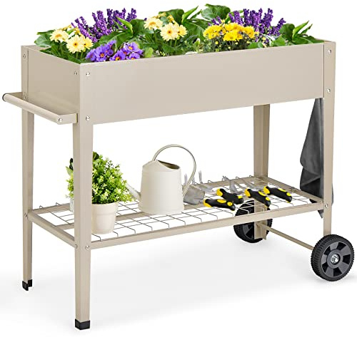 GOPLUS Huerto Urbano con Ruedas, Cama Elevada con Estante y 2 Ganchos para Herramientas de Jardinería para Verduras, Hierbas y Otros Vegetales, 95 x 40 x 80 cm (Blanco)