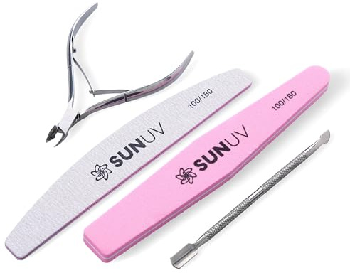 SUNUV 4PCS Cuticle Nippers, Cuticle Pusher with Nail File and Nail Buffer Set, Professional Stainless Steel Durable Pedicure Manicure Nail Care Tools