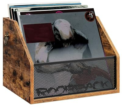 CHOEZON Vinyl Record Storage Wall Mount, Vintage Record Display Holder, Vinyl Album Crate, LP Display Shelf, Metal Mesh Front and Pull Rings for LP, Photo Albums, Files, Rustic Brown MCW28BF