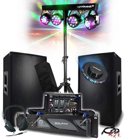 Pack de sonido completo 3200 W BM Bmsonic Ampli, 2000 W, par de altavoces 2 x 600 W, mesa mezcladora, pórtico con 4 luces Xperformer OVNI LED