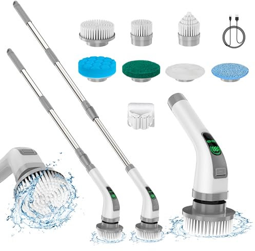 Elektrischer Spin Scrubber, 2025 Upgrade 7-in-1 elektrische Reinigungsbürste, 360 U/min leistungsstarke Reinigung, 1,5-Stunden-Badschrubber mit Zwei Geschwindigkeiten und Verlängerungsarm für Küche