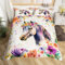 Homewish Pferd Bettwäsche 135x200 Kinder Mädchen, Wildtier Bedruckt Bettbezug Niedlich für Teenager, Ästhetische Blumen Bett Set, mit 1 Kissenbezug Holzbrett Dekor, Weiche Mikrofaser