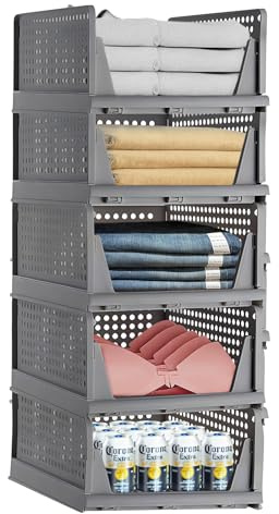 RAIN QUEEN 5 Stück Faltbaren und Stapelbar Kleiderschrank Aufbewahrungsboxen für Schlafzimmer Kleidung Lagerung Kunststoff Schublade Organizer (Grau) (Stil 4)