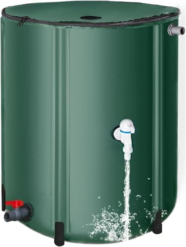 THORKOK Water Butts Rain Barrel 250L with Stand and Tap, Collapsible PVC, Waterbutt UK, Army Green