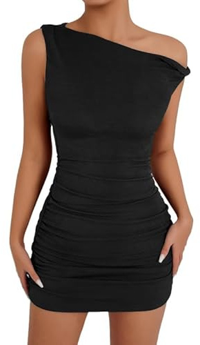 Sukiglam Vestito Donna Sexy Asimmetrico Monospalla Tubino Corto Elegante Senza Manica Mini Abito da Sera Estivo Bodycon Vestiti con Increspature Aderente Curvy Abiti per Cocktail Feste Discoteca