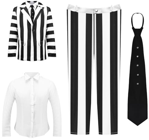 Lyxaof Adult Striped Suit Black & White Costume with Black Tie Fancy Halloween Carnival Theme Party Cosplay Dress Up Outfit for Men (Black & White, XXL)