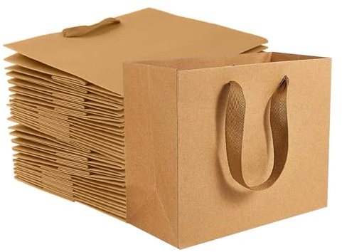 Brown Gift Bags with Handles, 20PCS Kraft Paper Bags, 22 x 18 x 10cm Halloween Candy Bags Gift Wrapped Shopping for Party Favor Packaging Retail