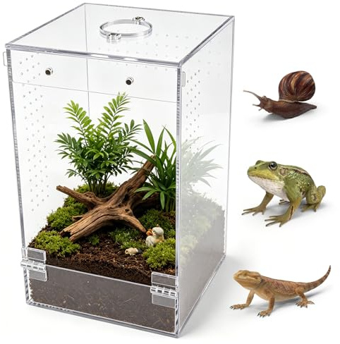 Homtone akrylterrarium, fjäderspindel terrarium, 15 × 15 × 25 cm | Insektsterterrarium, snigelterrarium med magnetdörr och foderöppning, lämplig för hoppspindlar, sniglar och insekter