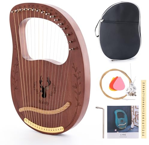 Mulucky Arpa de lira, kit de arpa de lira de caoba de 16 cuerdas, instrumentos musicales de cuerda con bolsa de llave de afinación, cuerdas adicionales para principiantes