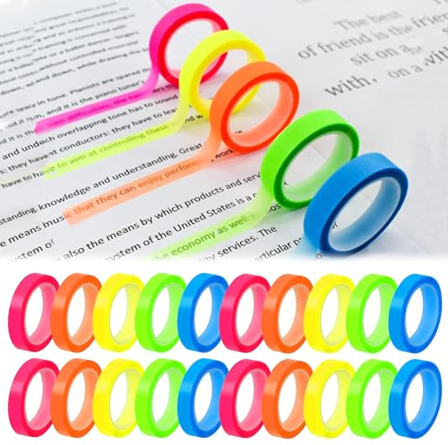 20 Rolls Highlighter Tape Fluorescent Color Transparent Sticky Notes | Removable Book Tabs Transparent Sticky Tabs Does Not Damage Paper Book Annotation Kit Revision Supplies Study Essentials