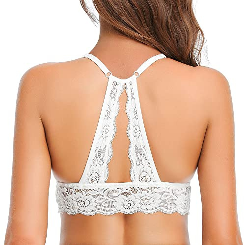 SHEKINI Bralette dam spetsbehå utan bygel triangel-BH med avtagbar vadderad bystier racerback bh sexiga underkläder för kvinnor, Vit, L