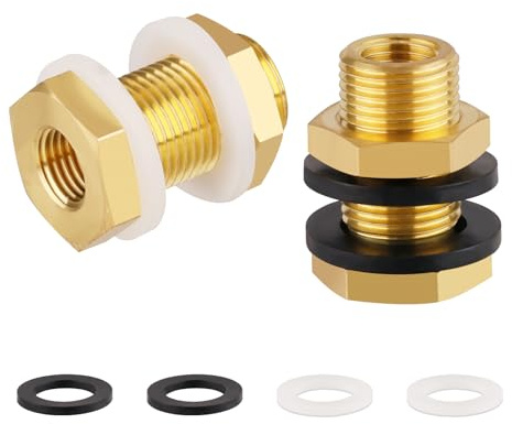 KOOTNAS 2-Pack Solid Brass Bulkhead Fittings, 1/4 NPT Taper Female 3/4 Straight Male Thread Brass Water Tank Connector with 4 Rubber Rings and Silicone Rings, for Tank Body, Wooden Barrels, etc