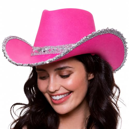 Wicked Costumes Hot Pink Sequin Cowboy Hat for Women – Adult Texas Cowgirl Hat for Hen Nights, Festivals, Concerts, Nashville & Disco Cowgirl Fancy Dress Accessory