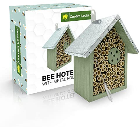 Wild Bee House Insect Home Bug Hotel in Green with Metal Roof Small Bug House Gift Box Attracts Bees, Butterflies & Many Other Bugs, Insects Bee - Birthday Gifts Great for Him