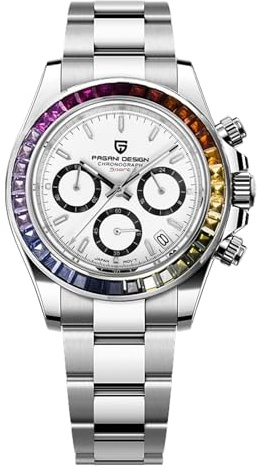 Pagani Design Herrenuhr Saphirglas Chronograph Edelstahl Wasserdicht Leuchtende Uhr Japanisches Uhrwerk Herren Quarzuhr Uhr für Männer（Bunt weiß 1644）