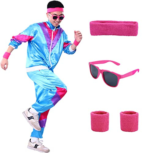 Alaiyaky Conjunto de atuendo de los años 80, chándal de los años 80 y 90 con chaqueta, pantalones, diadema, guantes, gafas, traje de los años 90, color azul, M