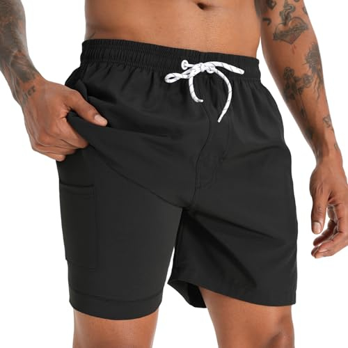 iCKER Swim Shorts Men Swim Trunks 2 in 1 Compression Liner Quick Dry Swimming Board Beach Shorts,Black STK199,M