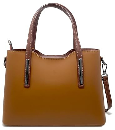 Chicca Borse Borsa a Mano Elegante Donna in Pelle Italiana Rigida Taglia Media con Tracolla (Cuoio - Marrone)