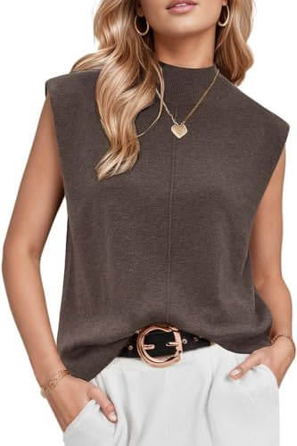 Arach&Cloz Womens Spring Winter 2026 Sweater Vest Business Casual Outfits Work Tank Tops Mock Neck Sleeveless Turtleneck Cashmere Knit Dressy Clothes Coffee Brown