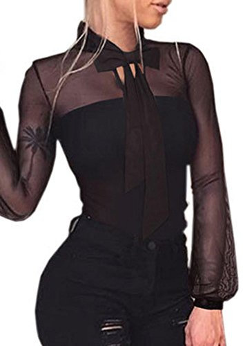 Generisk dambodysuit blusbody dam elegant svart ståkrage långärmad overall med polokrage, nätbodysuits fritid skjorta, festliga toppar, smal body, långärmad skjorta, casual underbody, svart, M