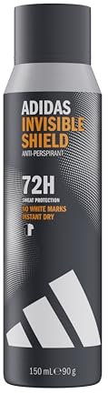 adidas Déodorant spray anti-transpirant Invisible Shield pour homme, Parfum boisé, Protection 72 heures, Doux pour la peau, Formule vegan, 150 ml
