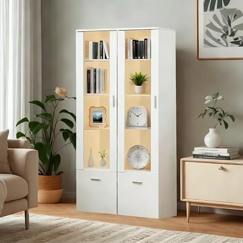 Joiemebi Vitrina LED con Puerta Y Estantes de Cristal, Luces para Armario de Almacenamiento, para Salón De Oficina, 42 x 30 x 160 cm (2, Blanco)