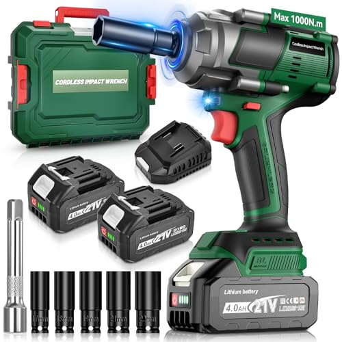 Yofuly 1000Nm Llave de Impacto Compatible con Mak-kita 18V Baterías, 2x 4,0 Ah Baterías, Pistola de Impacto 1/2 Destornillador de Impacto de Alto par con 6 Llaves de Vaso Para Coche Cortacésped