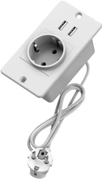 Infällt uttag med USB, 1,5 m förlängningskabel med 2 USB-portar, överspänningsskydd, 1 uttag 3680 W, vägguttag för badrum och kök
