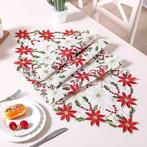 KAHEIGN 38CM x 176CM Runner Da Tavola Di Natale, 2 Lati Lino in Cotone Ricamato Runner Da Tavola Poinsettia E Holly Leaf Biancheria Da Tavola Per Decorazioni Natalizie Per La Tavola Di Nozze